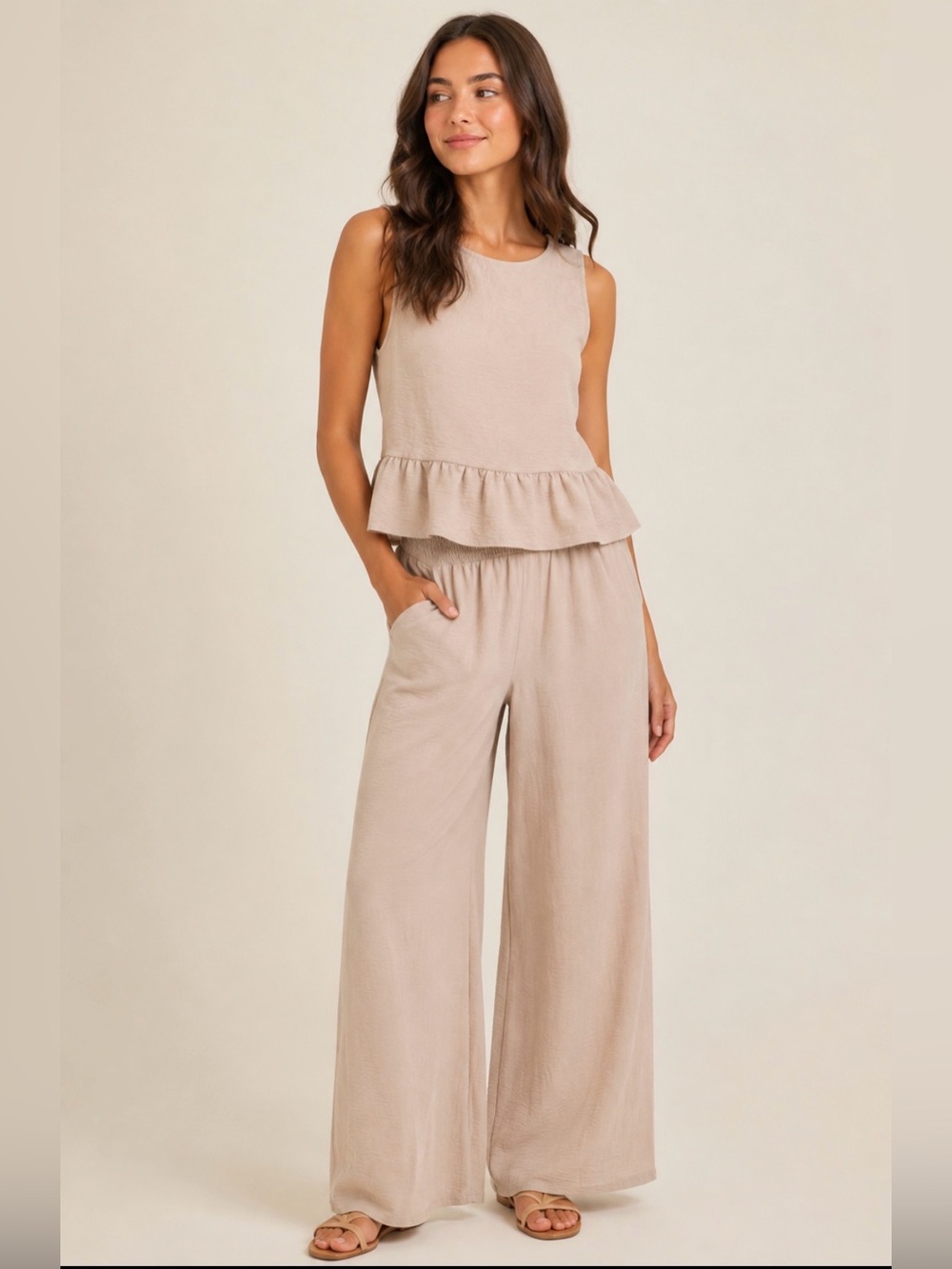 DAKOTOO Tan Textured 2-Piece Pant Set Small Wide Leg Ruffle Top